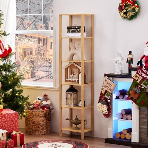 66in Tall Narrow Bookshelf with Storage, Farmhouse Style, Wood Display Shelf for Living Room, Natural Wood