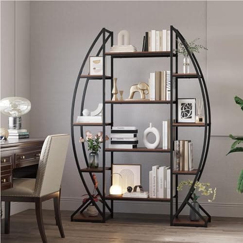 70" Tall Large Oval Bookshelf, 5 Tier Industrial Etagere Furniture