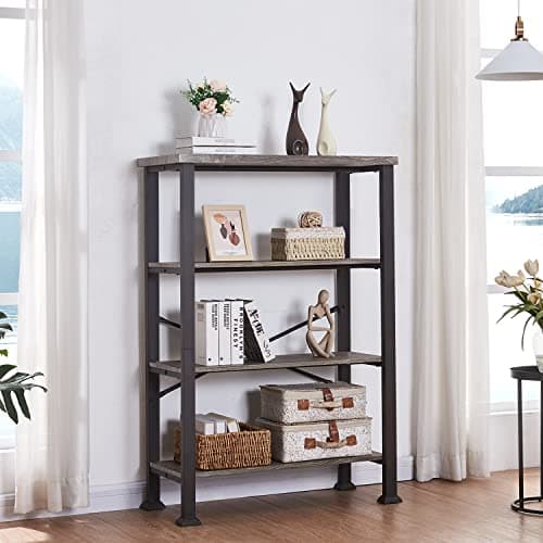 HOMBAZAAR Grey Industrial 4 Tier Bookshelf, Engineered Wood & Metal Deep Bookcases