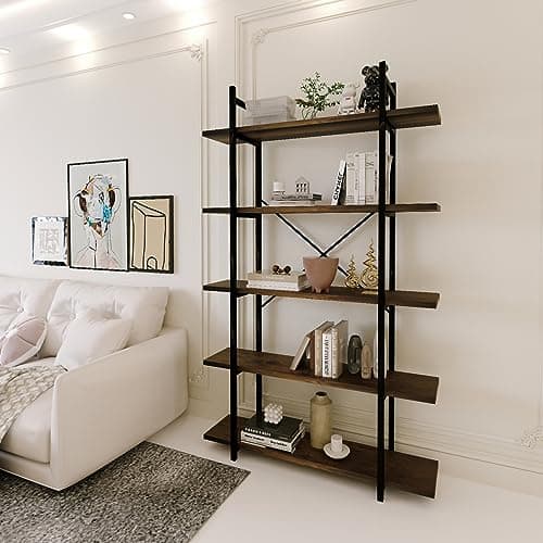 Industrial Rustic Brown Metal Bookshelf, 5 Tiers, Standing Storage for Home Office and Study.