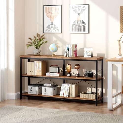 Semoic 3-Tier Industrial Wood Bookshelf, Brown Metal Frame, Living Room & Study Storage Organizer