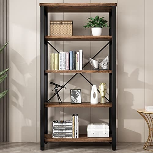 Vintage Industrial 5 Tier Metal and Wood Bookshelf (AY01)