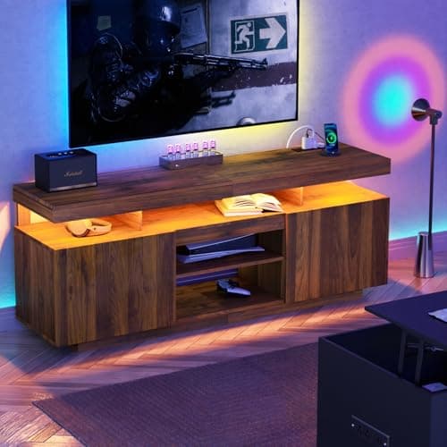 HOMMPA Walnut TV Stand with Power Outlets for 70/65/60/55-inch TVs Gaming Center with Storage