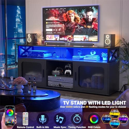 Modern TV Stand for 55-60 Inch TV with LED Light, Charging Station, and Soundbar Shelf