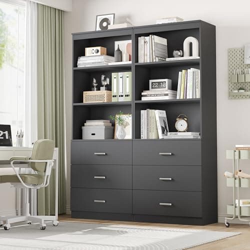 Fotosok 71" Tall Dark Grey Bookshelf with Drawers & 3-Tier Shelves for Home Office