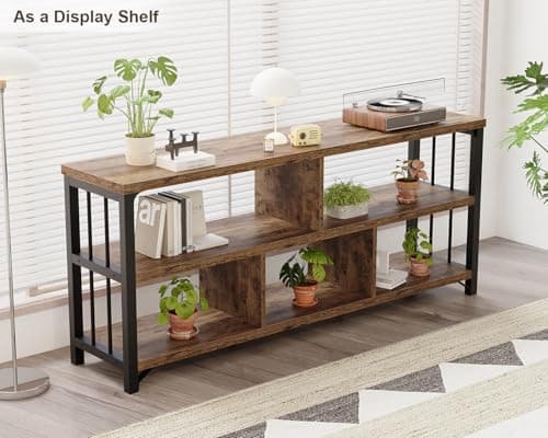 IBF Farmhouse 63" Long Wood Metal Bookshelf with 5 Cube Storage for Home Office and Living Room, Rustic Brown