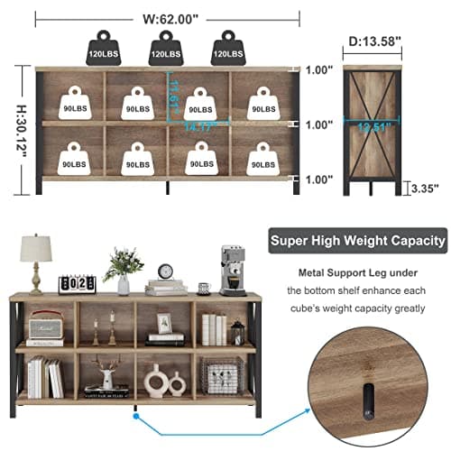 FATORRI 8-Cube Rustic Wood Storage Organizer for Living Room (62 Inch)