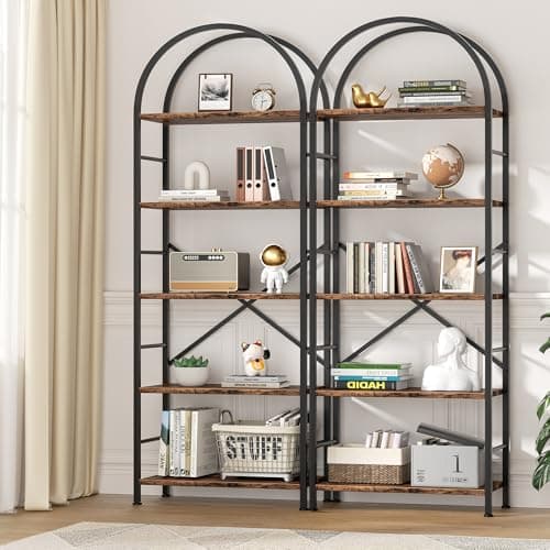 Shintenchi Arched 5-Tier Bookshelf, Tall Rustic Brown for Home Office or Bedroom