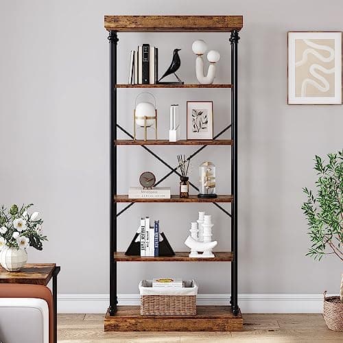 Vintage Industrial 6-Tier Wood Bookshelf Tall Display Rack