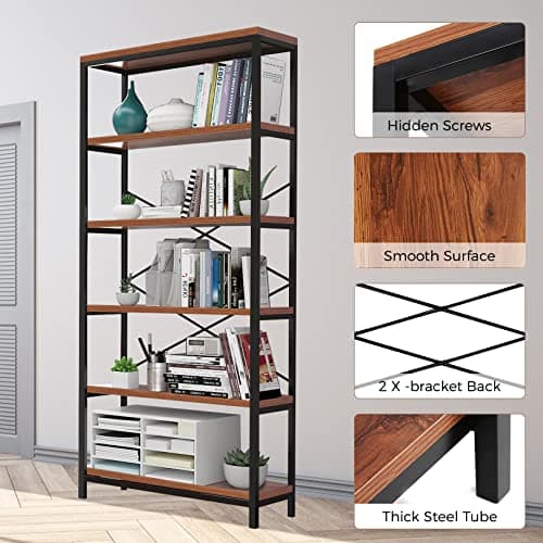 Himimi 6 Tier Vintage Standing Bookshelf for Living Room & Home Office