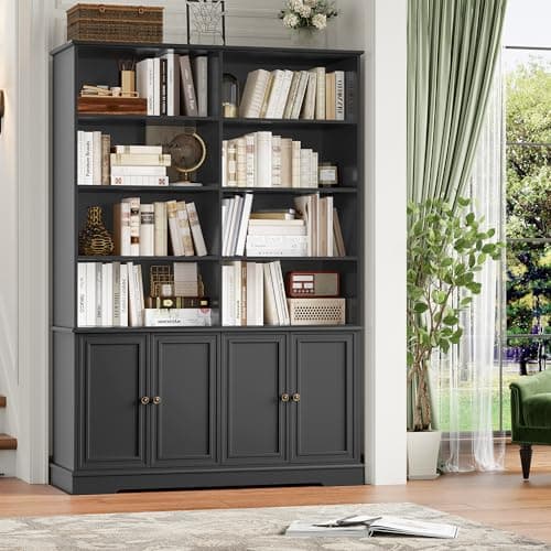 Finetones 73" Tall Black Bookshelf with Doors, 6-Tier Storage Large Bookcase