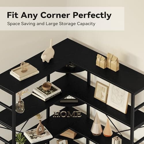 IRONCK 5-Tier Curved Corner Bookcase, Black, for Living Room and Home Office