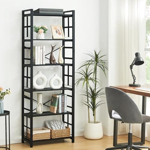 HOMBAZAAR 70 Inch Tall Rustic Metal Bookcase, 6 Tier Office Shelves for Living Room & Bedroom, Black