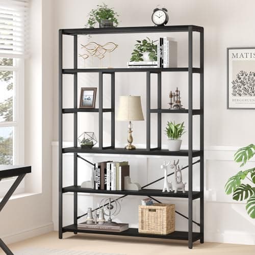 Vintage Brown Metal Wood 6 Tier Bookshelf for Living Room and Bedroom