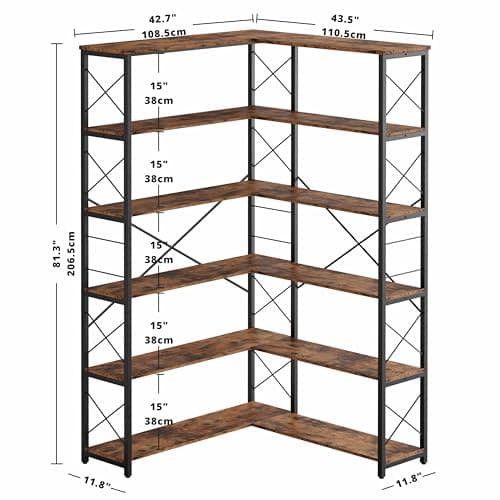 IRONCK Vintage Industrial 6-Shelf Corner Bookshelf with Metal Frame