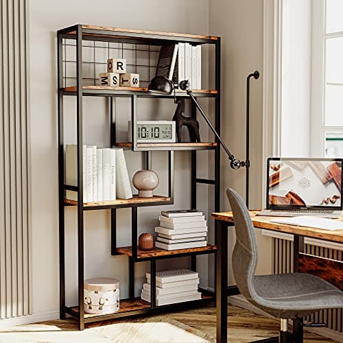 IRONCK 6-Tier Industrial Etagere Bookshelves, Heavy Duty Vintage Brown Living Room & Office Storage