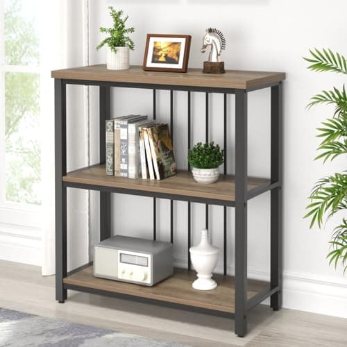 FOLUBAN 3-Tier Industrial Metal & Wood Bookshelf, Rustic Walnut, for Living Room and Bedroom