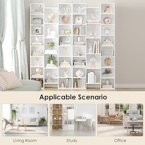 Fotosok 71” Tall Triple Wide White Bookshelf, 8 Tier Storage Tower, Home Office Display Cabinet