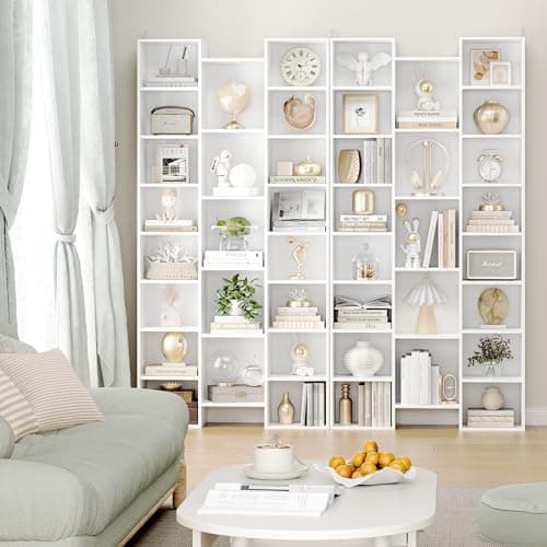 Fotosok 71” Tall Triple Wide White Bookshelf, 8 Tier Storage Tower, Home Office Display Cabinet