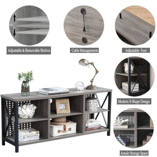 Rustic Entertainment Center for 65 Inch TV, Industrial Wood TV Stand with Media Cabinet Storage, Farmhouse Metal Television Stand, Light Grey Oak, 55 Inch