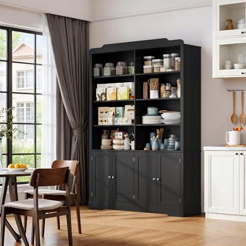 73.1" Tall Black Bookcase with Doors and Adjustable Shelves for Living Room and Home Office