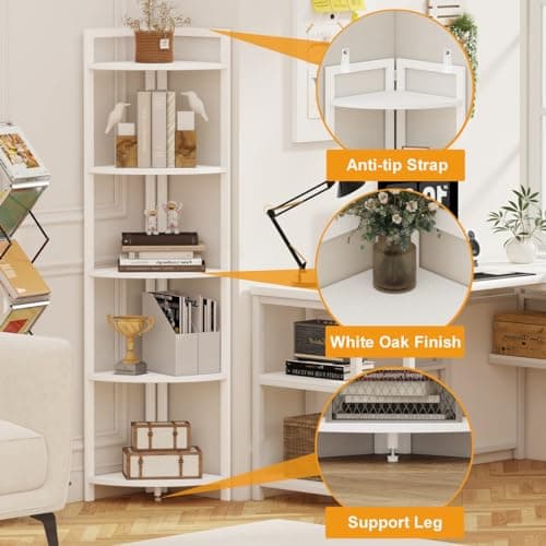 FATORRI White Oak 5 Tier Modern Corner Bookshelf Stand