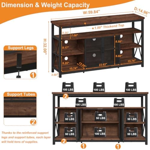 BON AUGURE 32 Inch High Rustic Oak 65 Inch TV Stand & Media Console