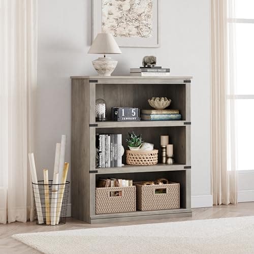 IDEALHOUSE 3-Tier Grey Farmhouse Bookcase with Storage for Home Office
