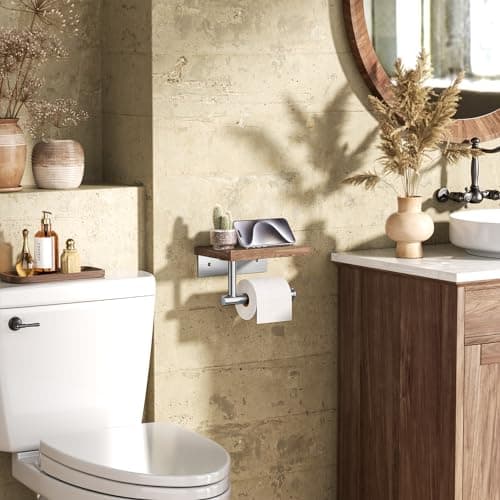 Wooden Wall Mounted Toilet Paper Holder with Shelf, Brushed Nickel Stainless Steel Bathroom Accessories