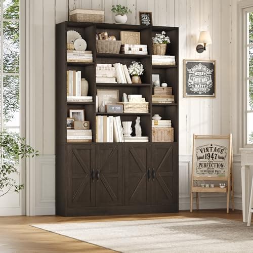 75" Tall BOOKSHELF with Storage, 47" Wide, 4 Doors, Dark Brown, Modern Farmhouse