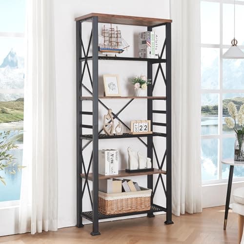 HOMBAZAAR 74" Tall Industrial Metal Bookshelf, 6 Tier, Rustic Brown for Office & Living Room
