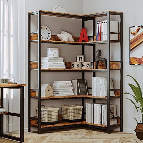 IRONCK 5-Tier Corner Bookcases with Baffles for Living Room and Home Office Storage