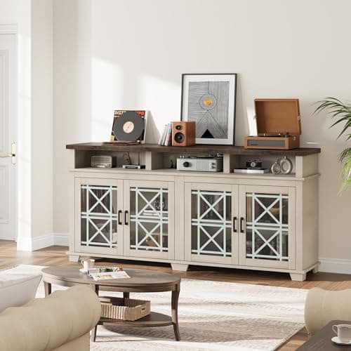 GAOMON Whitewashed Farmhouse TV Stand with LED Lights & Storage for 70" TV