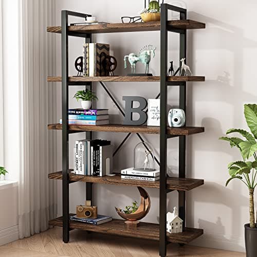 5-Tier Modern Rustic Industrial Bookshelf, Distressed Brown (AY-02)