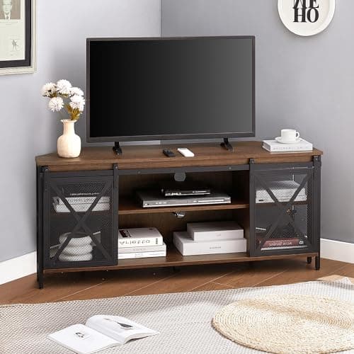 Rustic Corner TV Stand for 55/60 Inch TV with Storage and Sliding Barn Door