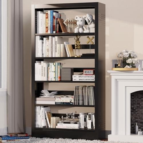71" Black Metal Bookshelf with Adjustable Shelves and Bookends for Home Office and Living Room