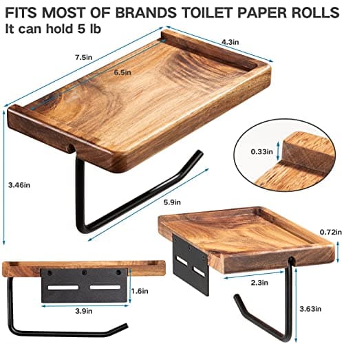 Black Toilet Paper Holder with Storage Shelf for Bathroom, Wall Mount with Adhesive & Screw