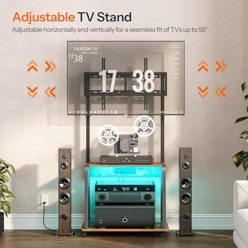 HOOBRO Adjustable Corner TV Stand with Mount and Power Outlet - Rolling Console with LED Lights for Up to 55 TVs - Rustic Brown and Black