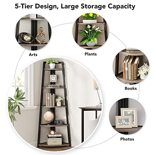 Tribesigns Grey 5 Tier Industrial Corner Ladder Shelf, 70 Inch Tall, Ideal for Living Room, Kitchen, Home Office