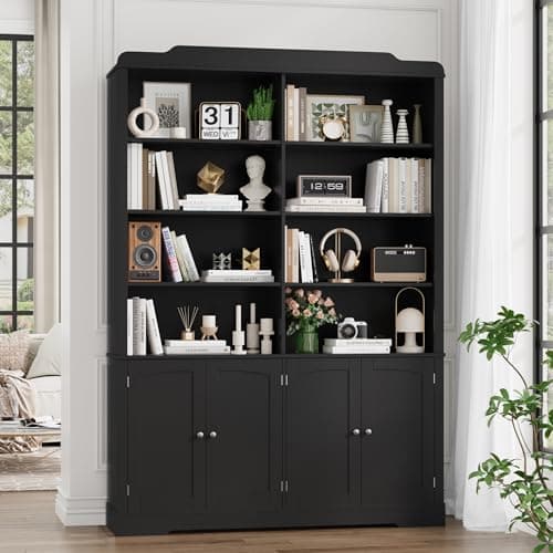 73.1" Tall Black Bookcase with Doors and Adjustable Shelves for Living Room and Home Office