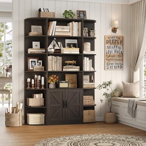 75" Tall BOOK SHELF & BOOKCASE, 6 Tier Storage, 47" Wide with Doors, Dark Brown Wood Shelves, Home Office Cabinet