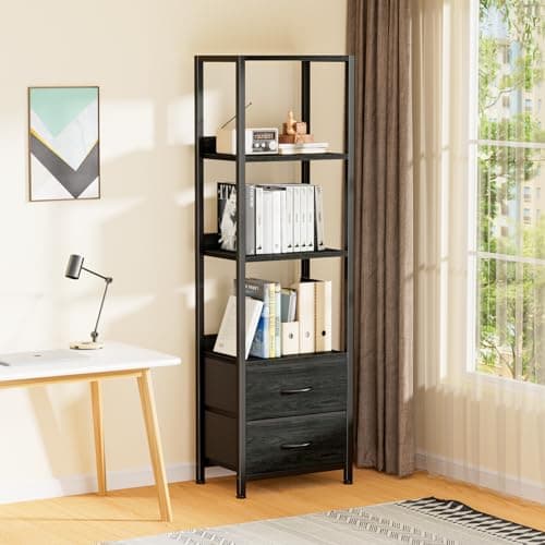 Furnulem 4-Tier Corner Bookshelf with Drawers, 57.28” Tall, Standing Shelf Organizer
