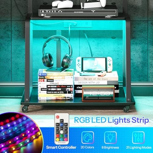 Corner TV Stand with Mount and Power Outlet, Rolling TV Stand for TVs up to 55 with LED Lights - Black for Living Room, Bedroom, Office