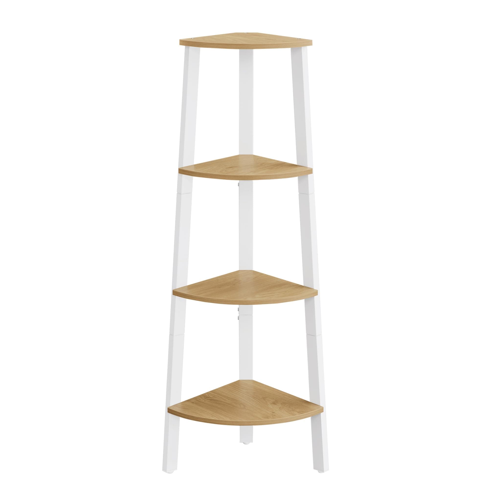 4-Tier Industrial Corner Shelf Stand for Living Room, Office, Kitchen - Natural Oak and Matte White