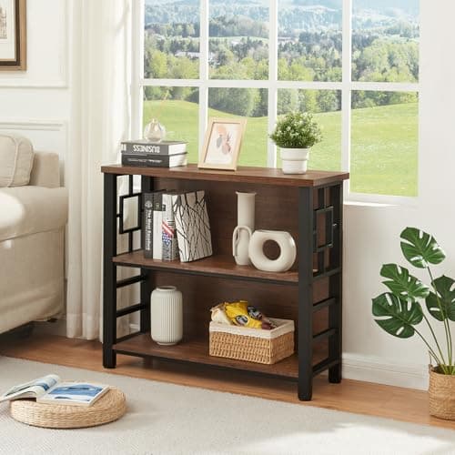HOMISSUE 3 Tier Deep Bookshelf with Storage, Rustic Brown for Small Spaces