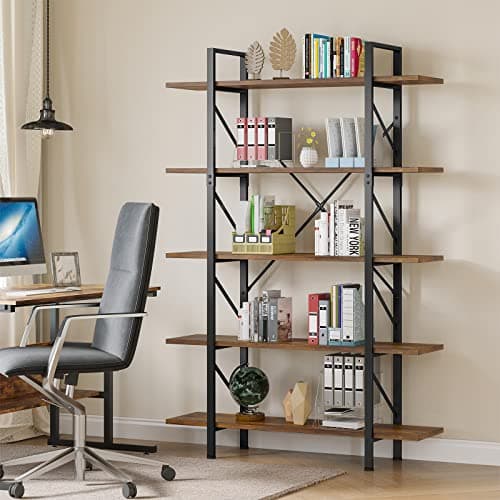 YITAHOME 5 Tier Industrial Brown Bookshelf, Large Storage Organizer for Living Room, Bedroom, Home Office