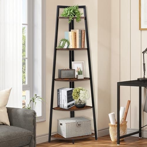 70" Tall Rustic Brown 5 Tier Corner Shelf for Books, Plants, Storage