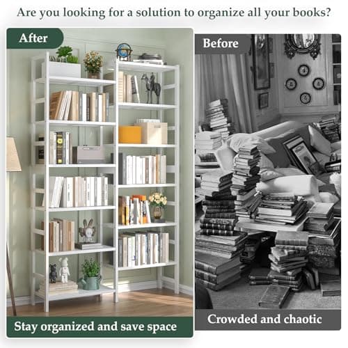 Homykic Double Wide 6-Tier Bamboo Bookshelf, 6ft Tall, White