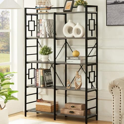 Industrial Double Wide 5-Tier Bookshelf for Home Decor - Rustic Brown