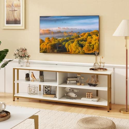 Tangkula 55" White TV Stand, 65" TV Compatibility, AC & USB Ports, Metal Frame